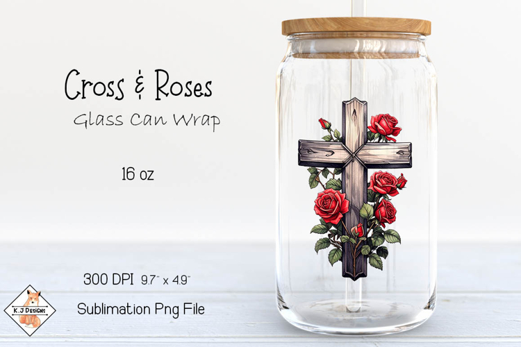 Christian Cross & Roses Beer Glass Can Wrap Sublimation