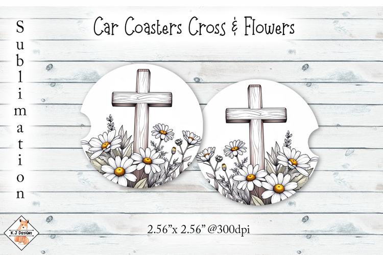 Cross & Flowers Car Coasters | Sublimation Designs
