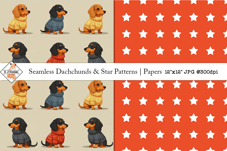 Seamless Dachshund & Stars Patterns | Digital Papers