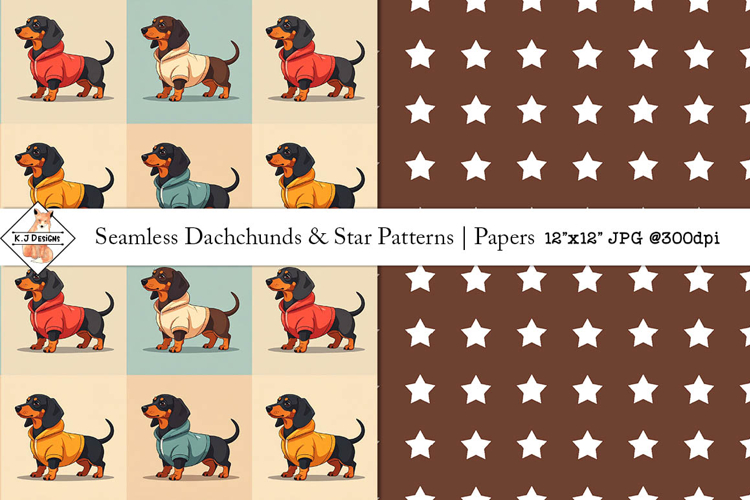Seamless Dachshund & Stars Patterns | Digital Papers