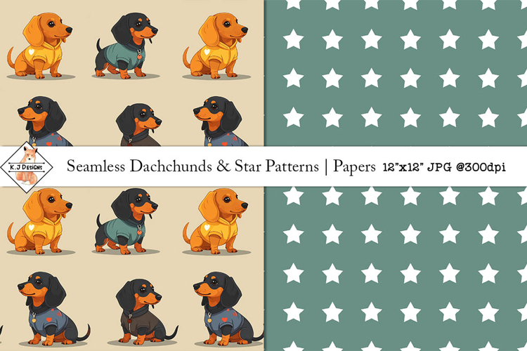 Seamless Dachshund & Stars Patterns | Digital Papers