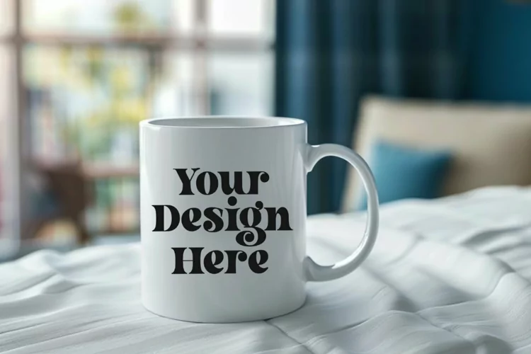 Coffee Mug Mockup Placed On A Bed Room
