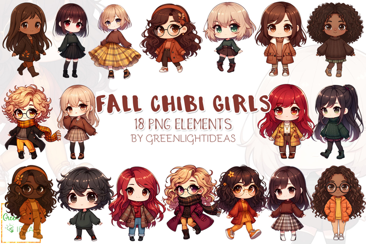 Kawaii Chibi Fall Girls Clipart, Autumn Cute Fashion Girls
