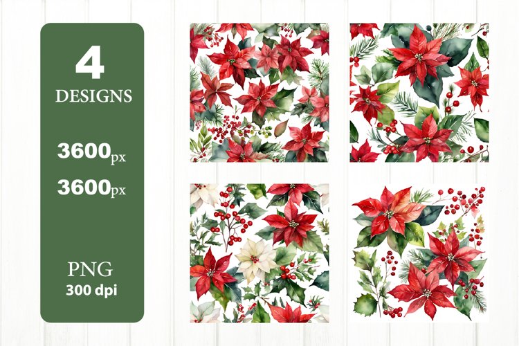 Poinsettia Digital Paper. Red Green Flowers  example image 1