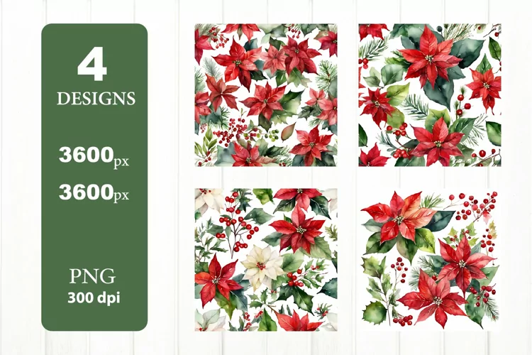 Poinsettia Digital Paper. Red Green Flowers