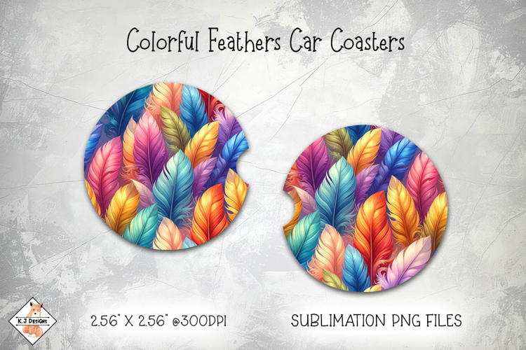 Colorful Feathers Car Coasters | Sublimation Designs