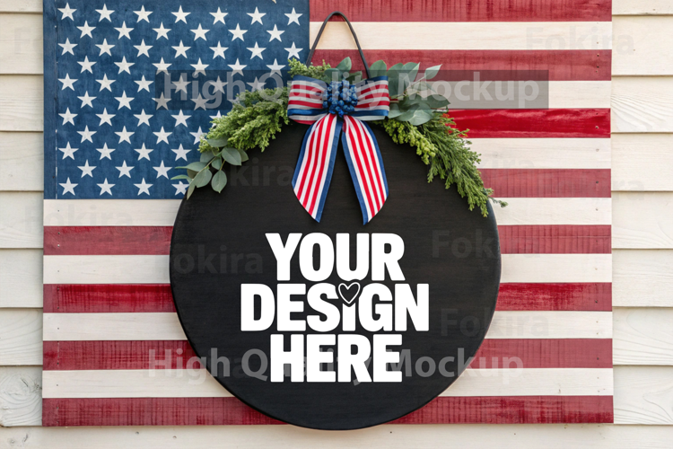 4th of July Round Wood Sign Mockup - Door Wood Sign