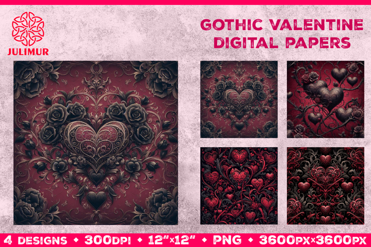 Gothic Valentine Digital Paper with Ornate Red Hearts