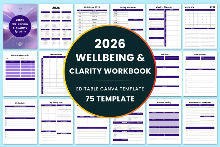 2026 Wellbeing & Clarity Workbook Canva templates