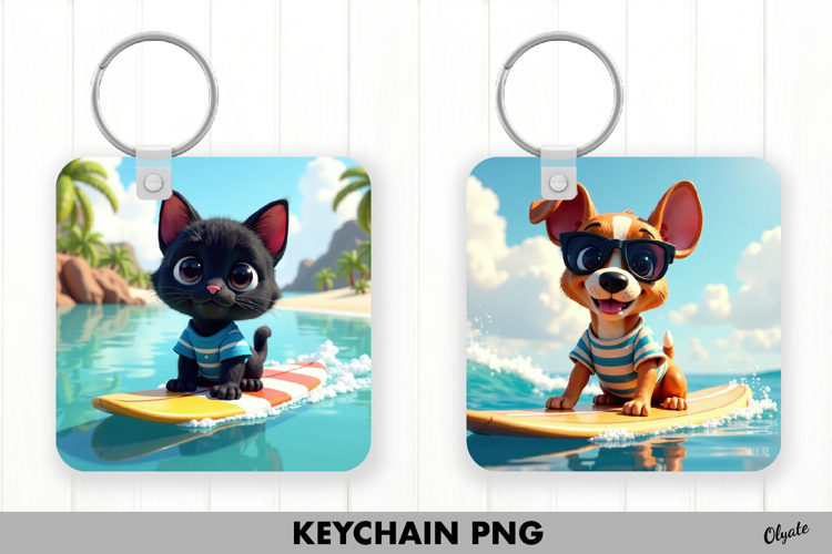 Summer Animal Keychain. Surf Board Keychain PNG