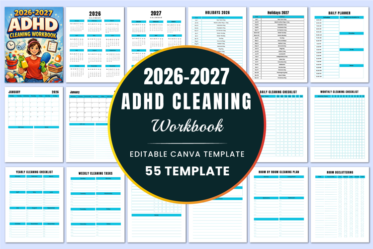 20262027 ADHD Cleaning Workbook Canva templates