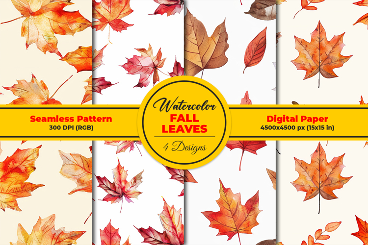 Watercolor Fall Leaves Seamless Pattern and Digital Paper