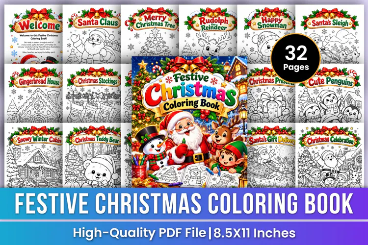 Festive Christmas Coloring Book | Santa Claus, Reindeer