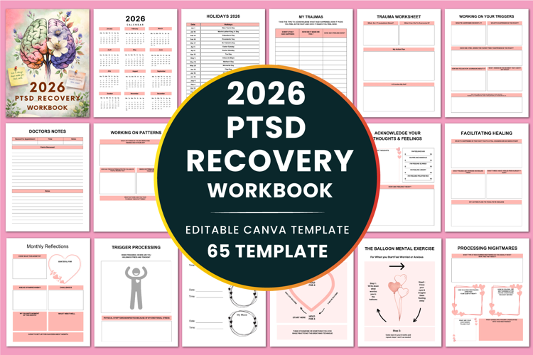 2026 PTSD Recovery Workbook Canva templates