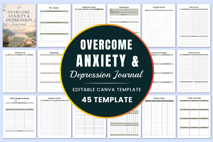Overcome Anxiety & Depression Journal Canva templates