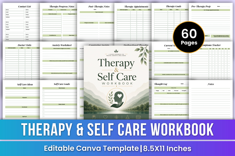 Therapy & Self Care Workbook | Self Care & Healing Canva Kdp