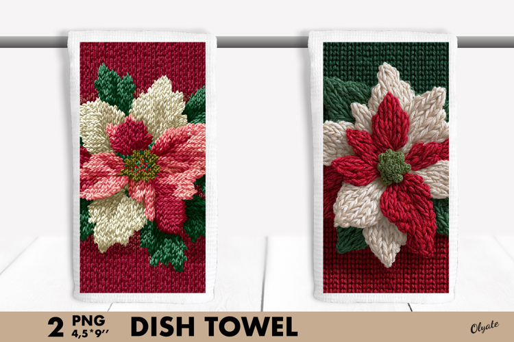 Knitting Poinsettia, Christmas Dish Towel Sublimation PNG