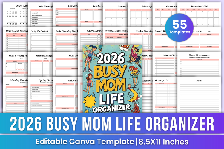 2026 Busy Mom Life Organizer Canva Templates