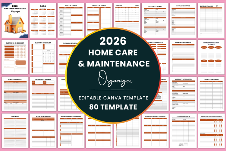 2026 Home Care & Maintenance Organizer Canva templates