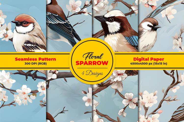 Floral Sparrow Seamless Pattern and Digital Paper Background