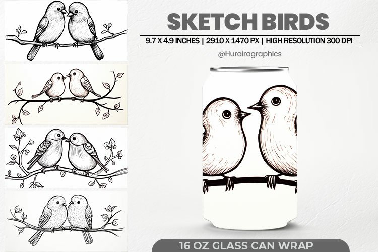 Sketch Birds Glass Can Wrap,16 Oz Tumbler Sublimation