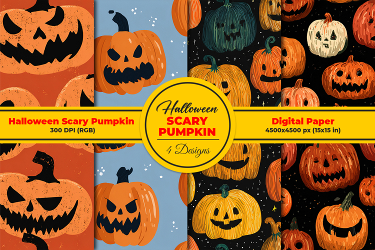 Halloween Scary Pumpkin Seamless Pattern and Digital Paper