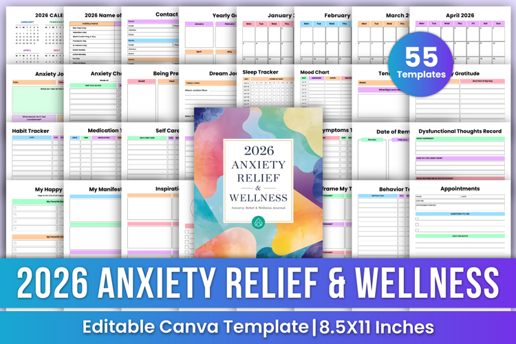 2026 Anxiety Relief & Wellness Journal Canva Templates