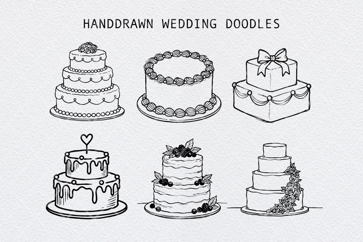 Hand Drawn Wedding Cake Doodles Bundle