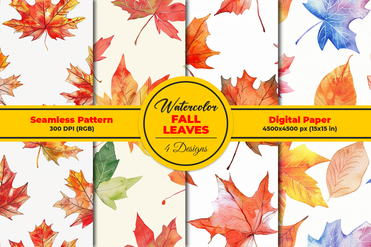 Watercolor Fall Leaves Seamless Pattern and Digital Paper