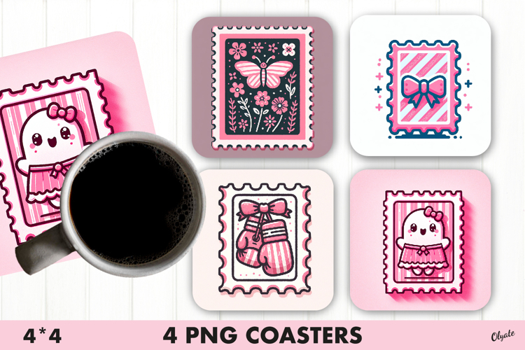 Pink Stamp Coaster. Cancer Awareness Coaster PNG