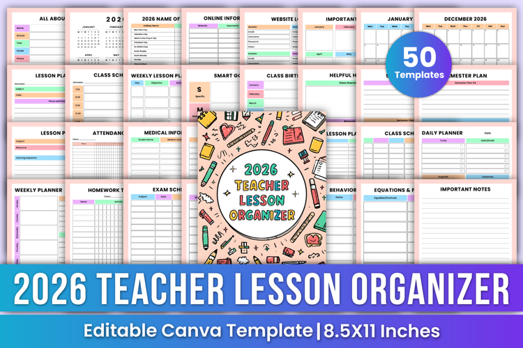 2026 Teacher Lesson Organizer Canva Kdp Templates
