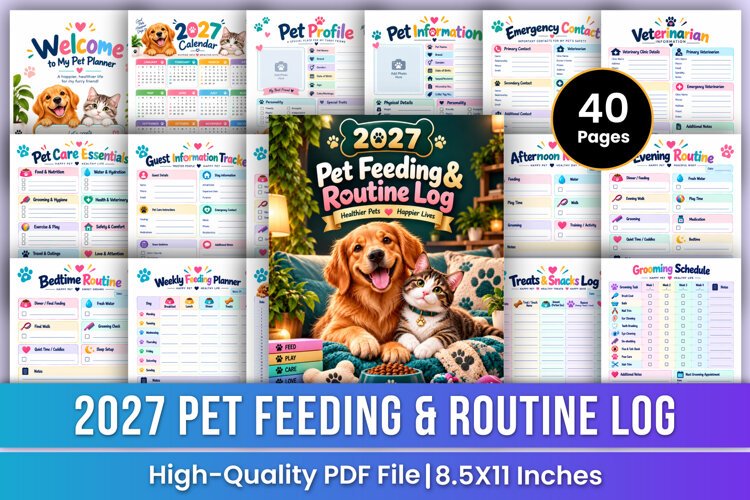 2027 Pet Feeding & Routine Log | Pet Care, Feeding, Daily example image 1