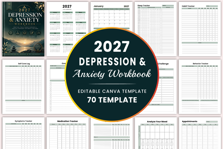2027 Depression & Anxiety Workbook Canva templates