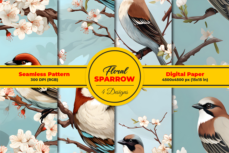 Floral Sparrow Seamless Pattern Digital Paper Background