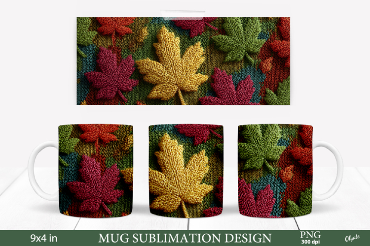 Cozy Fall Mug Sublimation Wrap. Knitting Leaves PNG