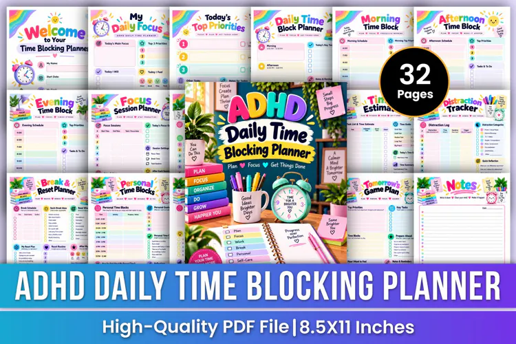 ADHD Daily Time Blocking Planner | Focus, Productivity