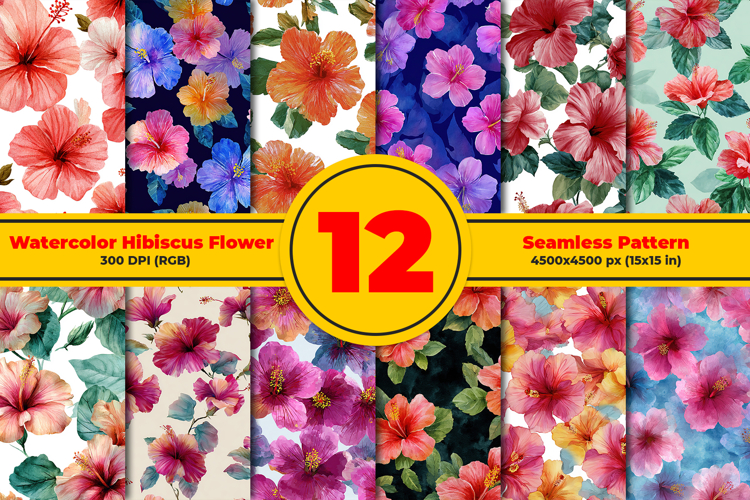 Watercolor Hibiscus Flower Seamless Pattern