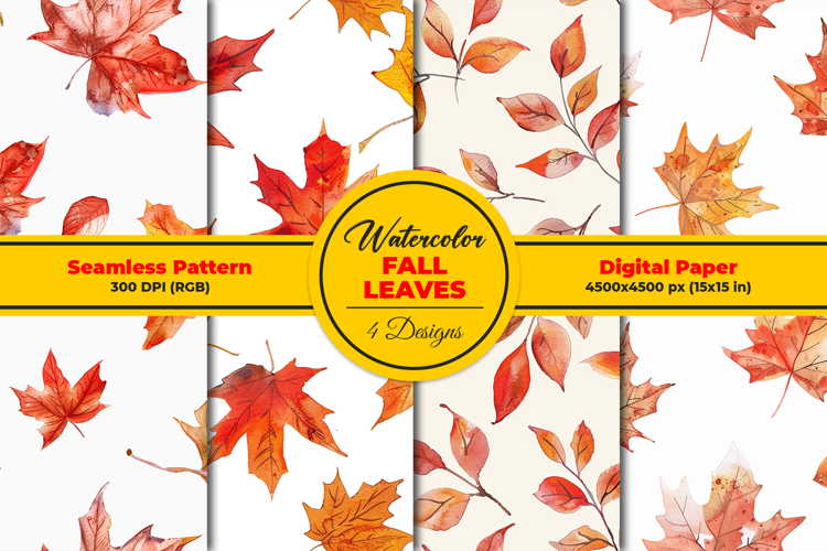Watercolor Fall Leaves Seamless Pattern and Digital Paper