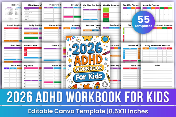 2026 ADHD Workbook For Kids Canva Templates