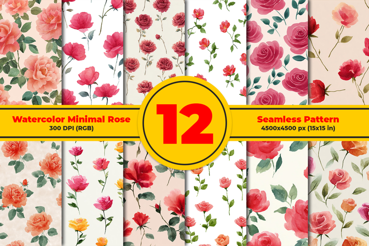 Watercolor Minimal Rose Seamless Pattern and Digital paper