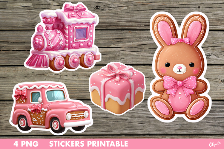 Pink Christmas Stickers PNG. Gingerbread Stickers Printable