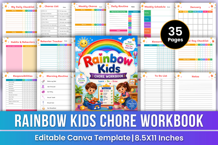 Rainbow Kids Chore Workbook | Routine & Habits Canva Kdp