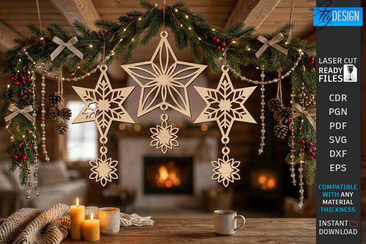 Wooden Christmas Ornament Laser Cut | Hanging Stars | CNC