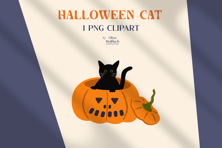 Halloween Clipart. Spooky Black Cat in Carved Pumpkin PNG