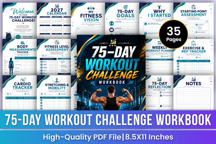 75-Day Workout Challenge Workbook | Fitness Planner, Workout example image 1