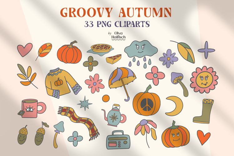 Groovy Autumn Clipart. Retro Autumn Doodles PNG Set