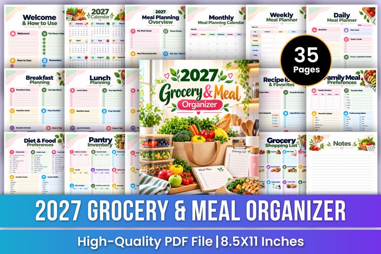 2027 Grocery & Meal Organizer | Meal Planning, Grocery List example image 1