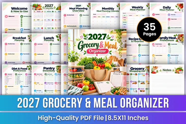 2027 Grocery & Meal Organizer | Meal Planning, Grocery List