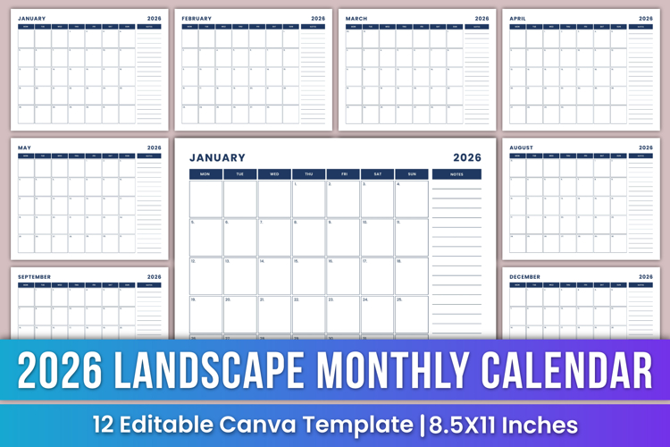 2026 landscape Monthly Calendar Canva Templates