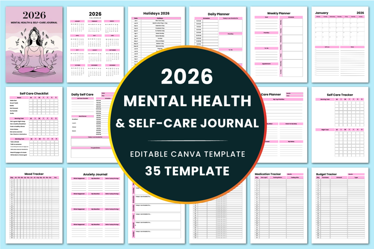 2026 Mental Health & Self-Care Journal Canva templates